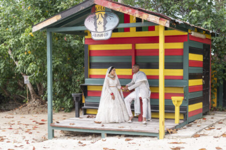 Newlyweds in Jamaica after their Indian wedding ceremony